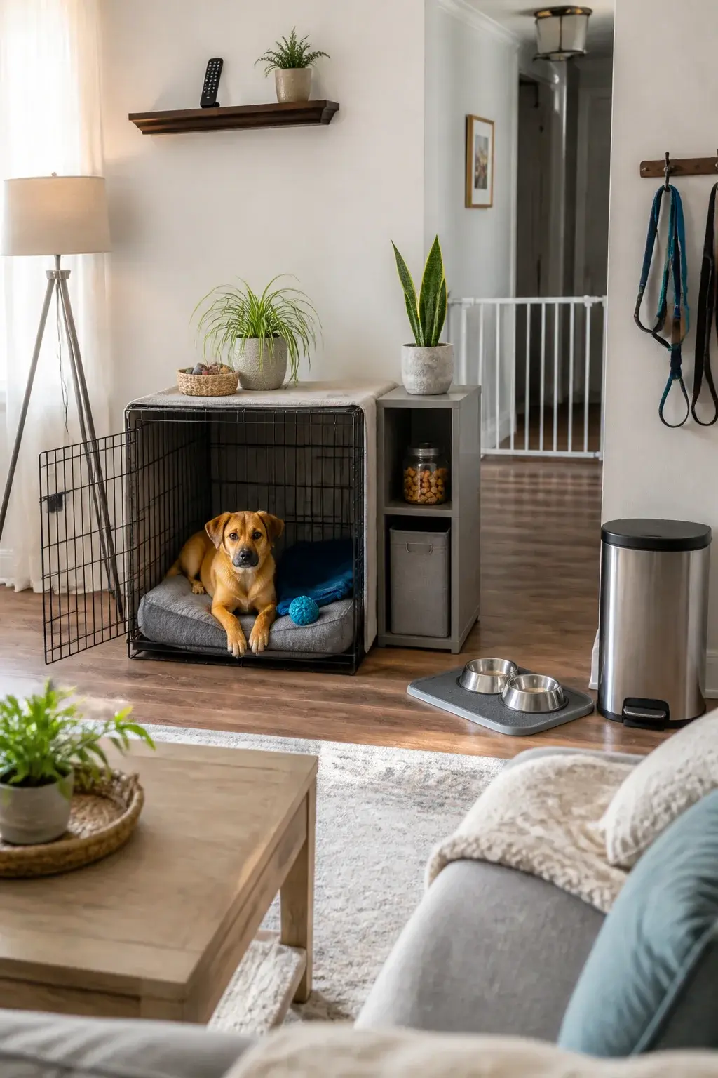 A bright, cozy living room set up for a first-time dog owner: a medium-sized mixed-breed puppy (golden-brown, floppy ears) lies in a wire crate with the door open, inside is a washable gray bed, a folded blue blanket, and a durable rubber chew toy; nearby is a neatly arranged puppy station with stainless steel food and water bowls on a silicone mat, a leash and harness hanging by the door, and labeled treat jar on a low shelf; visible cord covers on floor lamps, TV remote placed on a high shelf, a lidded stainless steel trash can, and non-toxic plants (snake plant, spider plant) on elevated stands while toxic plants are absent; baby gate blocks access to a hallway; soft natural daylight streams through sheer curtains, creating a realistic, welcoming, pet-safe environment. Realistic photo, shallow depth of field, high resolution.
