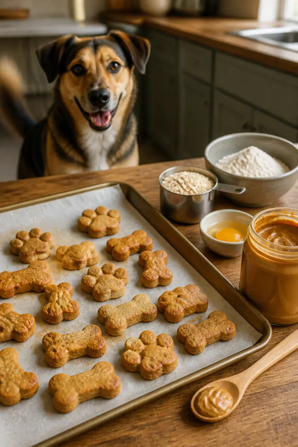 A cozy kitchen countertop scene in natural daylight, showcasing a small batch of homemade peanut butter dog treats cooling on a parchment-lined baking sheet. The treats are simple bone and paw-print shapes with a slightly rustic, golden-brown finish and a soft, chewy texture. In the foreground, an open jar of natural peanut butter labeled only with a plain, generic design (no brand names or text) sits beside a wooden spoon with a smear of peanut butter. Nearby are minimal pantry ingredients: a small bowl of whole wheat flour, a cracked egg in a little dish, and a measuring cup with oats. In the background, a happy medium-sized mixed-breed dog with expressive eyes and a shiny coat sits attentively, tail mid-wag, focusing on the treats. Warm, realistic lighting, shallow depth of field, high-resolution, lifelike photo.