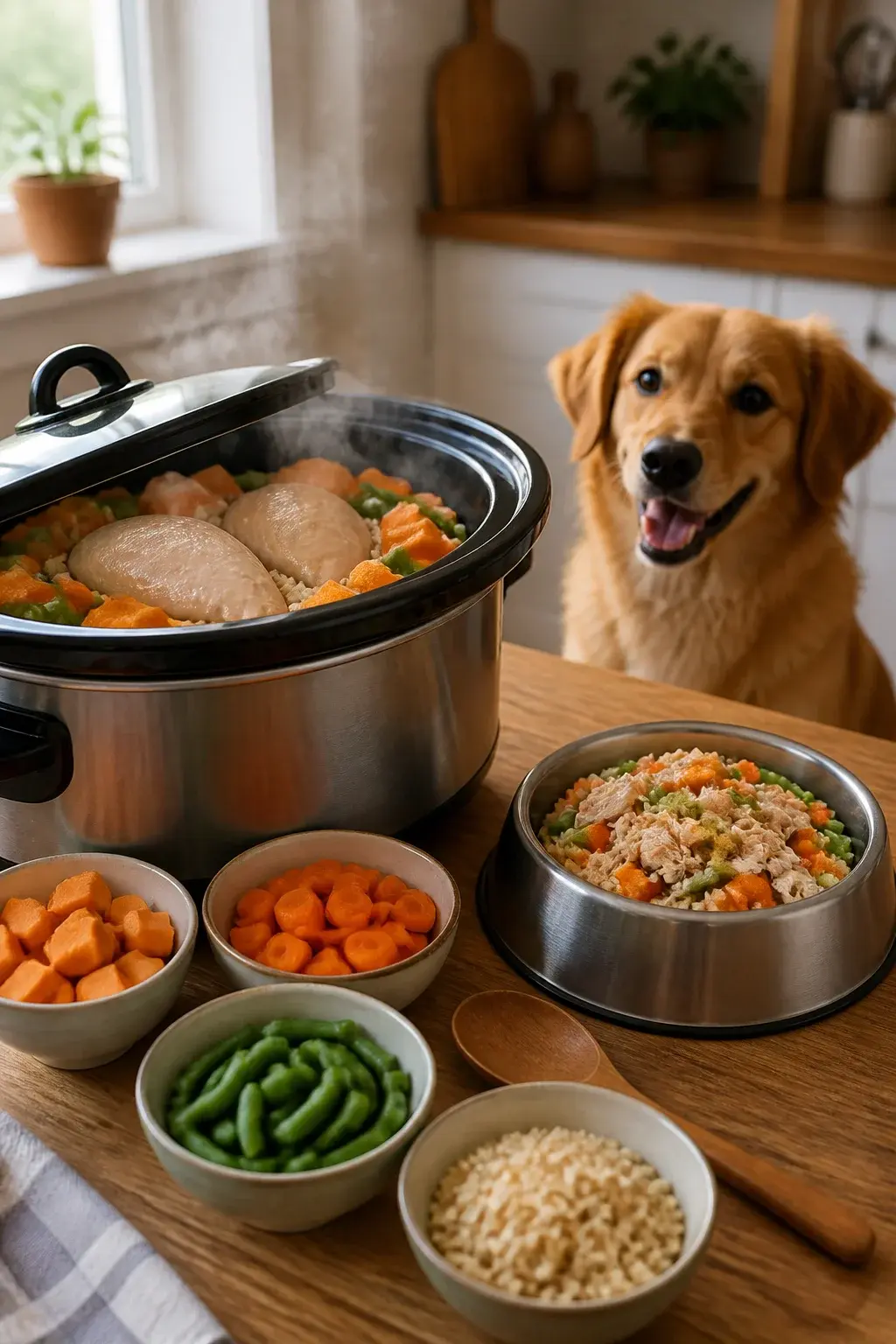 Realistic photo of a cozy kitchen scene with a crockpot on a wooden countertop cooking a dog-safe chicken meal: visible ingredients include boneless skinless chicken breasts, chopped carrots, green beans, sweet potato chunks, and brown rice; the crockpot lid is slightly ajar with gentle steam rising; a wooden spoon rests beside neatly prepped bowls of the same ingredients; a stainless steel dog bowl nearby is filled with the finished mixture (shredded chicken, soft rice, tender vegetables) with no seasonings or sauces; warm natural window light, shallow depth of field, clean, homey aesthetic; a happy medium-sized dog (golden retriever mix) sits in the background looking expectantly at the bowl.