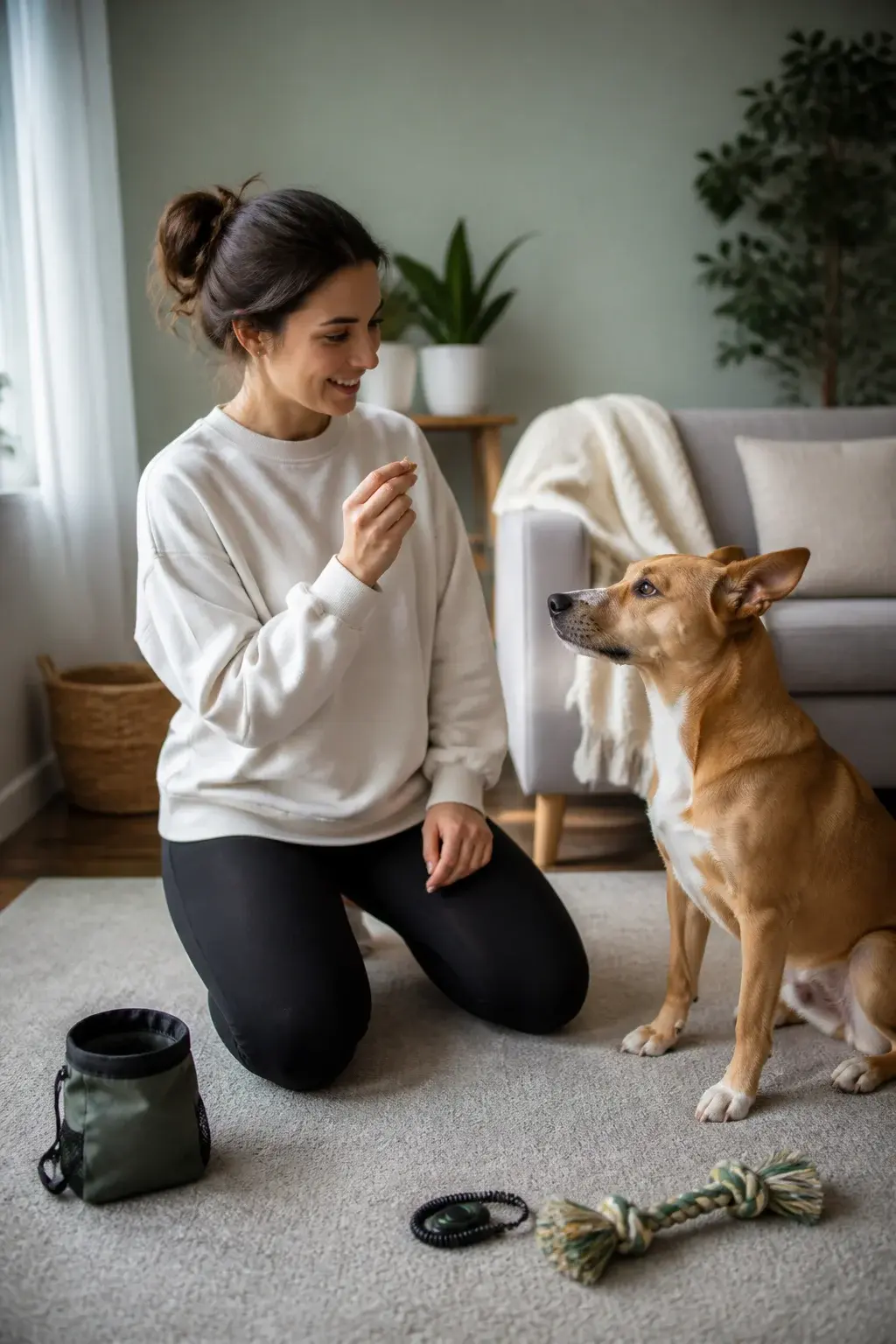 Realistic photo of a cheerful indoor training scene: a young adult kneeling on a living room rug with soft natural light from a nearby window, holding a pea-sized treat between fingers while a medium-sized mixed-breed dog (short tan coat with white chest, perky ears) sits attentively making eye contact. Nearby on the floor: a clicker, a favorite tug toy, and a small treat pouch. Background shows a tidy, quiet space with minimal distractions—houseplants, a couch with a neutral throw, and a muted wall. The person uses an open, friendly posture and relaxed smile, conveying positive reinforcement and short, fun training. No text on the image. Realistic, high-detail, shallow depth of field.