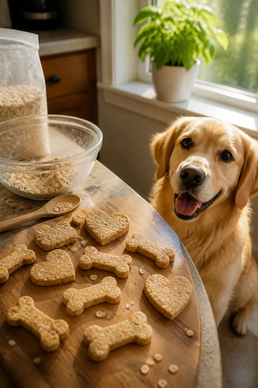 A warm, sunlit kitchen countertop with a rustic wooden cutting board holding freshly baked homemade dog treats made from rolled oats, shaped into small bone and heart shapes, with visible oat texture and a few oats scattered nearby; a glass mixing bowl with leftover oat dough, a wooden spoon, and a bag of plain rolled oats in the background; a happy medium-sized golden retriever sitting beside the counter looking up eagerly with bright eyes and relaxed ears; soft natural morning light coming through a window with a potted herb plant on the sill; realistic photo, shallow depth of field, high-resolution, cozy home atmosphere, no text.
