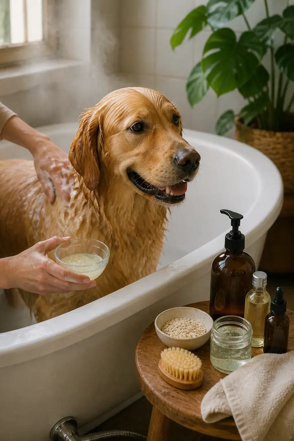 A bright, cozy bathroom scene with natural morning light: a medium-sized golden retriever standing calmly in a white porcelain tub, wet fur glistening, being gently scrubbed by a person’s hands using a natural DIY dog soap mixture in a small glass bowl. Visible ingredients arranged neatly on a wooden stool beside the tub: a labeled amber bottle of unscented castile soap, a small dish of colloidal oatmeal, a jar of aloe vera gel, a bottle of fractionated coconut oil, and a small glass dropper bottle labeled “lavender (pet-safe, diluted).” Include a soft cotton towel, a bamboo brush, and a stainless-steel handheld shower head. Subtle steam and water droplets for realism, neutral tones with pops of green from a houseplant. No text, realistic photo style, shallow depth of field focusing on the dog’s silky, clean coat.