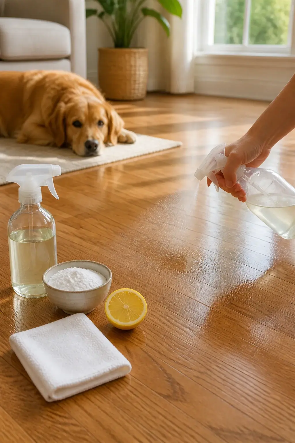 A bright, sunlit living room with medium-toned sealed hardwood floors showing a faint wet patch where a dog accident occurred. In the foreground, a glass spray bottle labeled by color only (no text) filled with a pale, clear liquid sits beside a small bowl of baking soda, a halved lemon, and a clean white microfiber cloth. A golden retriever with a guilty but relaxed expression lies off to the side on a neutral rug, not the focus. The scene shows gentle natural window light, subtle reflections on the wood, visible floor grain, and a person’s hand (only partially in frame) spritzing the solution onto the spot. The overall composition feels clean, airy, and realistic, emphasizing dog-safe, floor-safe DIY cleaning with kitchen ingredients—no branding, no text, no harsh chemicals in sight.