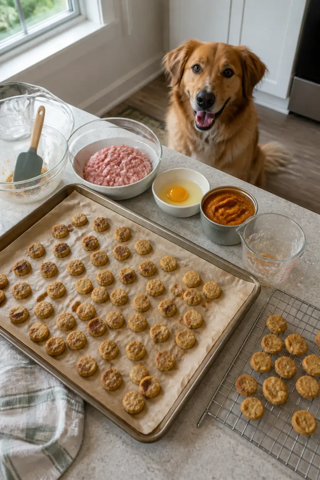 A realistic overhead photo of a home kitchen counter with a parchment-lined baking sheet filled with freshly baked, small bite-size turkey dog treats shaped like coins or mini nuggets, lightly golden on the edges. Nearby are simple, wholesome ingredients neatly arranged: a bowl of raw lean ground turkey, a cracked egg in a small dish, an open can or bowl of plain pumpkin purée, and a measuring cup dusted with residue. Include a silicone spatula, a mixing bowl with a bit of turkey mixture left, and a cooling rack with a few treats cooling. In the background, a happy medium-sized dog (e.g., a golden retriever mix) sits attentively with bright eyes, focused on the treats, tongue slightly out. Natural daylight from a window, clean neutral kitchen setting, no text on image, realistic photographic style.