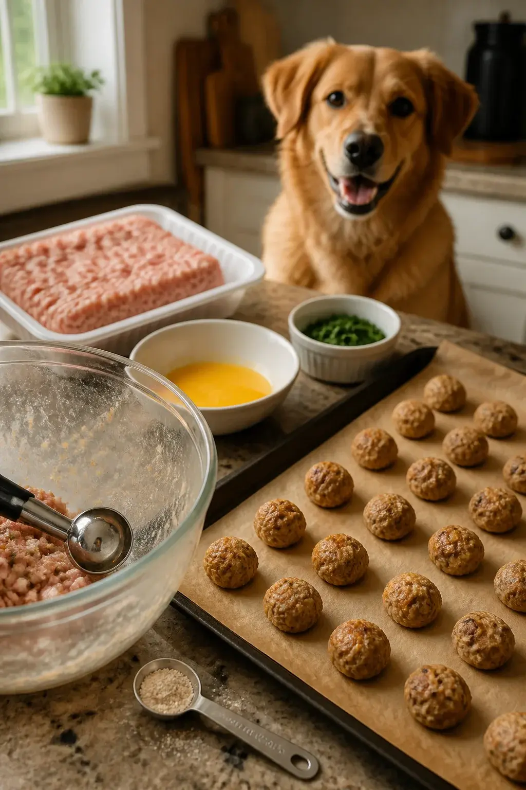 Realistic photo of a cozy home kitchen countertop with a baking sheet lined with parchment paper holding small, freshly baked turkey meatball dog treats (bite-size, golden-brown, slightly textured surface). In the foreground, a clear glass mixing bowl with remnants of lean ground turkey mixture and a small cookie scoop. Nearby, a simple ingredient setup: a package of lean ground turkey, a beaten egg in a small bowl, finely chopped parsley in a ramekin, and a measuring spoon with oat flour dust. Soft natural window light, shallow depth of field focusing on the meatballs. In the background, a happy medium-sized dog (golden retriever mix) sitting attentively, ears perked, eyes on the treats. Warm, inviting color palette, no text.