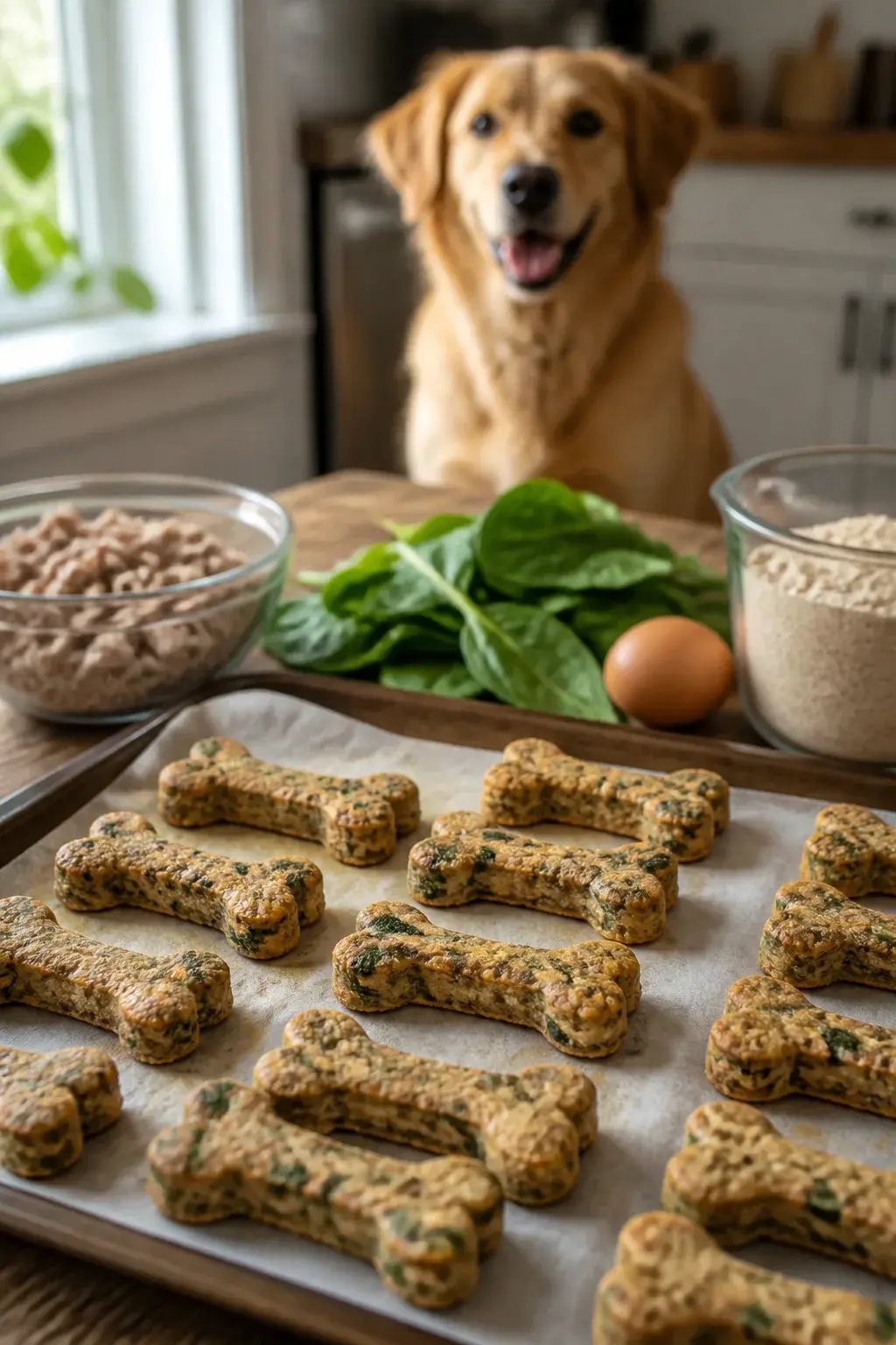 Realistic close-up kitchen scene of freshly baked homemade dog treats made from turkey and spinach cooling on a parchment-lined baking sheet. Golden-brown bone-shaped biscuits with visible green flecks of chopped spinach and subtle texture from oats. In the background, a small glass bowl of cooked ground turkey, a handful of fresh spinach leaves, an egg, and a measuring cup with whole wheat flour on a rustic wooden countertop. Soft natural window light from the left, shallow depth of field focusing on the treats, warm color tones, no text, no people, include a happy medium-sized dog (golden retriever mix) sitting expectantly in soft blur in the background.