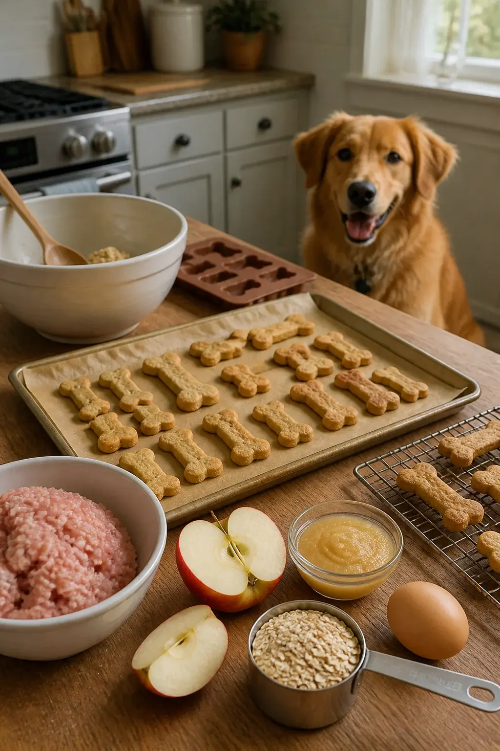 A warm, realistic kitchen scene with natural daylight on a wooden counter: a parchment-lined baking sheet of freshly baked, bone-shaped turkey and apple dog treats with a golden, slightly textured surface. Nearby are visible, dog-safe ingredients and tools: a bowl of raw lean ground turkey (clearly uncooked and separate from baked items), a red apple sliced with seeds and core removed, a small bowl of unsweetened applesauce, rolled oats in a measuring cup, and an egg on the side. Include a cooling rack with a few treats, a silicone bone-shaped mold, and a simple mixing bowl with a wooden spoon. In the background, a happy medium-sized dog (such as a golden retriever mix) sits attentively near the counter, looking eager. No human faces. Clean, cozy, homey vibe with neutral tones and soft window light. No text. Realistic photo style.