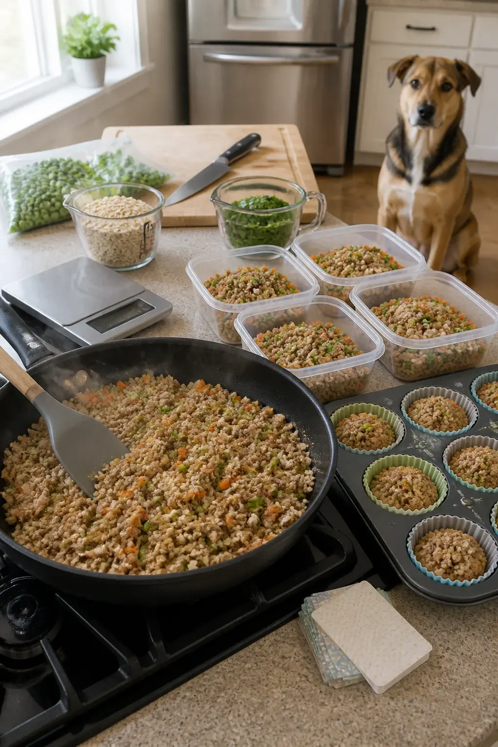 Realistic photo of a home kitchen countertop during dog food meal prep: a large nonstick skillet on the stove filled with cooked ground turkey mixed with diced carrots, peas, and brown rice, steam gently rising; nearby a silicone spatula rests on the pan edge. On the counter, neat portions of the mixture are being packed into labeled, quart-size freezer-safe containers and silicone muffin molds for single servings. Include a digital kitchen scale, measuring cups with oats and chopped spinach, and a stack of dated freezer labels. In the background, a clean cutting board with a chef’s knife, a bag of frozen peas, and a calm medium-sized mixed-breed dog sitting attentively, looking toward the food. Natural daylight from a window, warm, inviting, clutter-free aesthetic, no text on image.