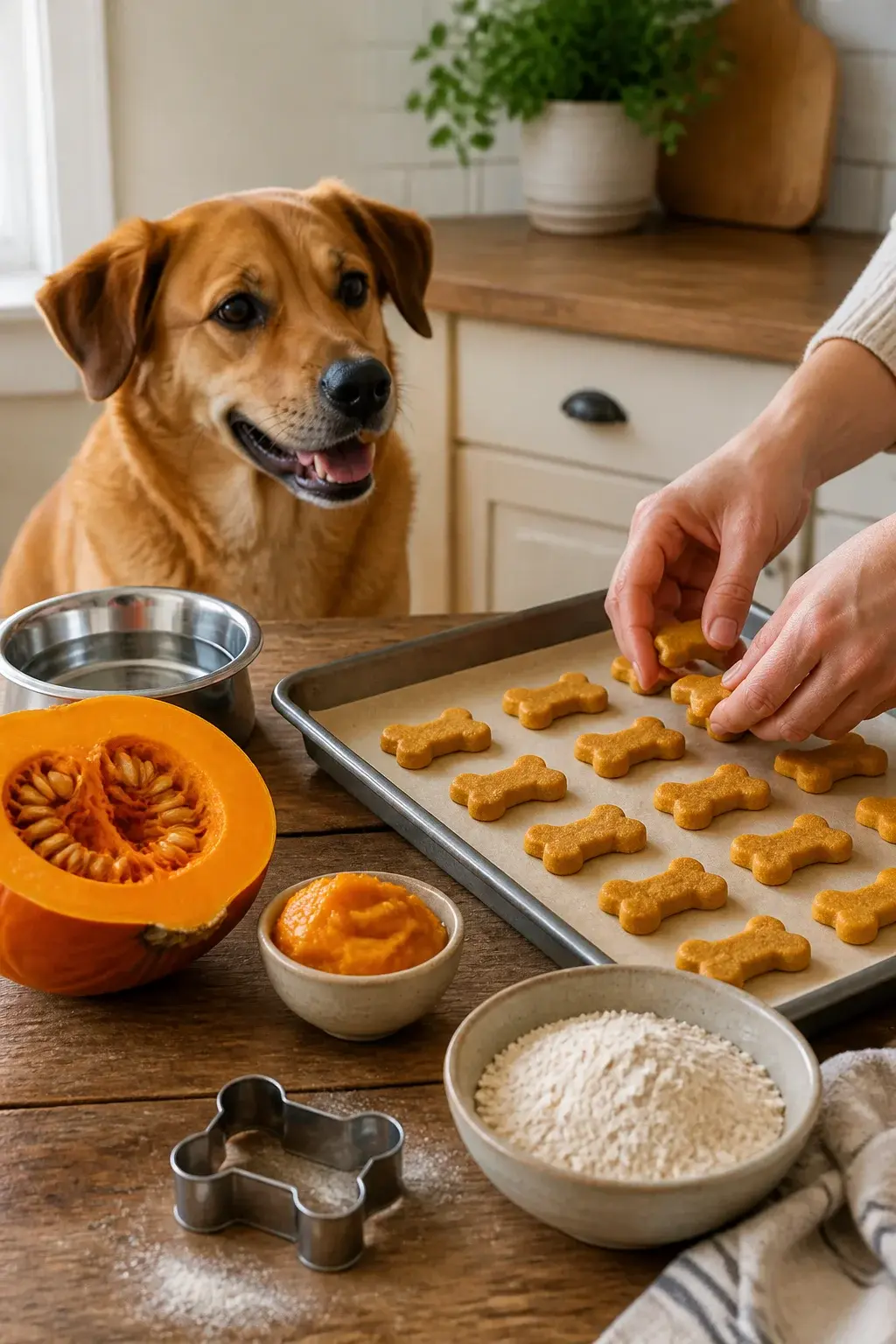 A cozy kitchen scene in natural daylight featuring a happy medium-sized mixed-breed dog (golden-brown coat, floppy ears) sitting by a rustic wooden table while a person’s hands place homemade pumpkin dog treats on a parchment-lined baking sheet. Visible ingredients include a halved bright-orange sugar pumpkin with seeds scooped out, a small bowl of plain pumpkin puree, whole wheat flour, and a stainless-steel cookie cutter shaped like a bone. In the background, a simple white tile backsplash, a potted herb plant, and a neatly folded dish towel add warmth. The dog gazes eagerly at the treats, mouth slightly open, with a shiny stainless-steel water bowl nearby. Soft, realistic textures, shallow depth of field, true-to-life colors, no text.
