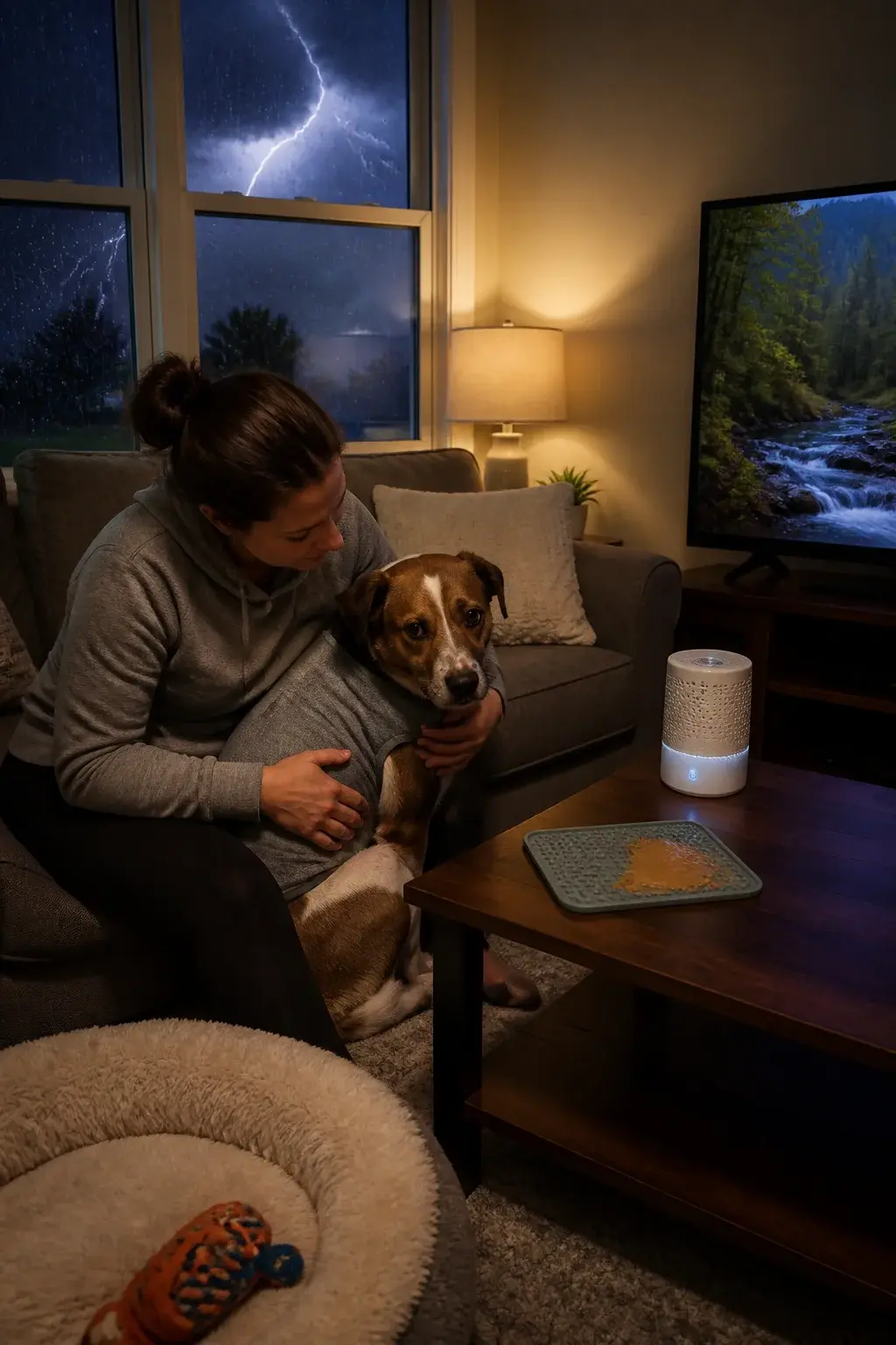 Realistic photo of a medium-sized mixed-breed dog (brown and white, short coat) trembling slightly with ears pinned back and tail tucked, leaning against a calm adult sitting on a couch in a cozy living room at night; soft warm lamplight inside, thunderstorm visible through a rain-streaked window with lightning illuminating dark clouds; the person gently wraps the dog in a snug anxiety wrap and offers a lick mat with peanut-butter smear on a coffee table; white noise machine and a calming pheromone diffuser plugged into the wall; TV shows a quiet nature scene; room has a plush dog bed with a favorite toy nearby; mood is soothing and safe, shallow depth of field, high-detail, natural lighting, photo-realistic.