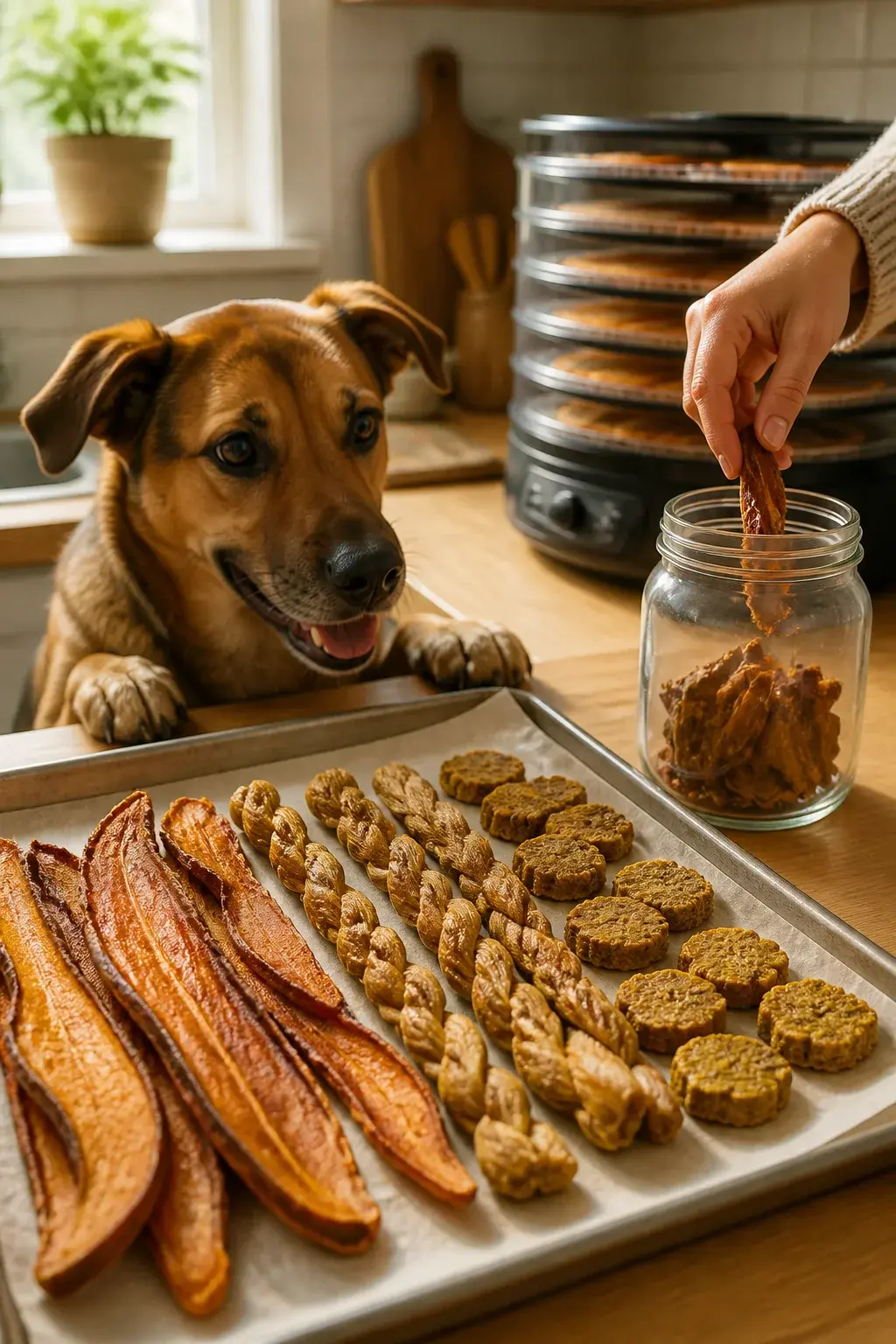 A warm, sunlit kitchen counter with a parchment-lined baking sheet covered in assorted long-lasting homemade dog treats: thick dehydrated sweet potato chews, braided baked peanut butter sticks, and pumpkin-apple biscuits with a rugged, crunchy texture. Nearby, a glass jar labeled with a date is being filled with dried treats, while a food dehydrator runs in the background with visible trays of sweet potato slices. A medium-sized, happy brown mixed-breed dog with bright eyes and a shiny coat rests paws on the counter edge, sniffing curiously. Natural light, shallow depth of field, high-resolution realistic photo, soft neutral tones, focus on texture and freshness, no text.