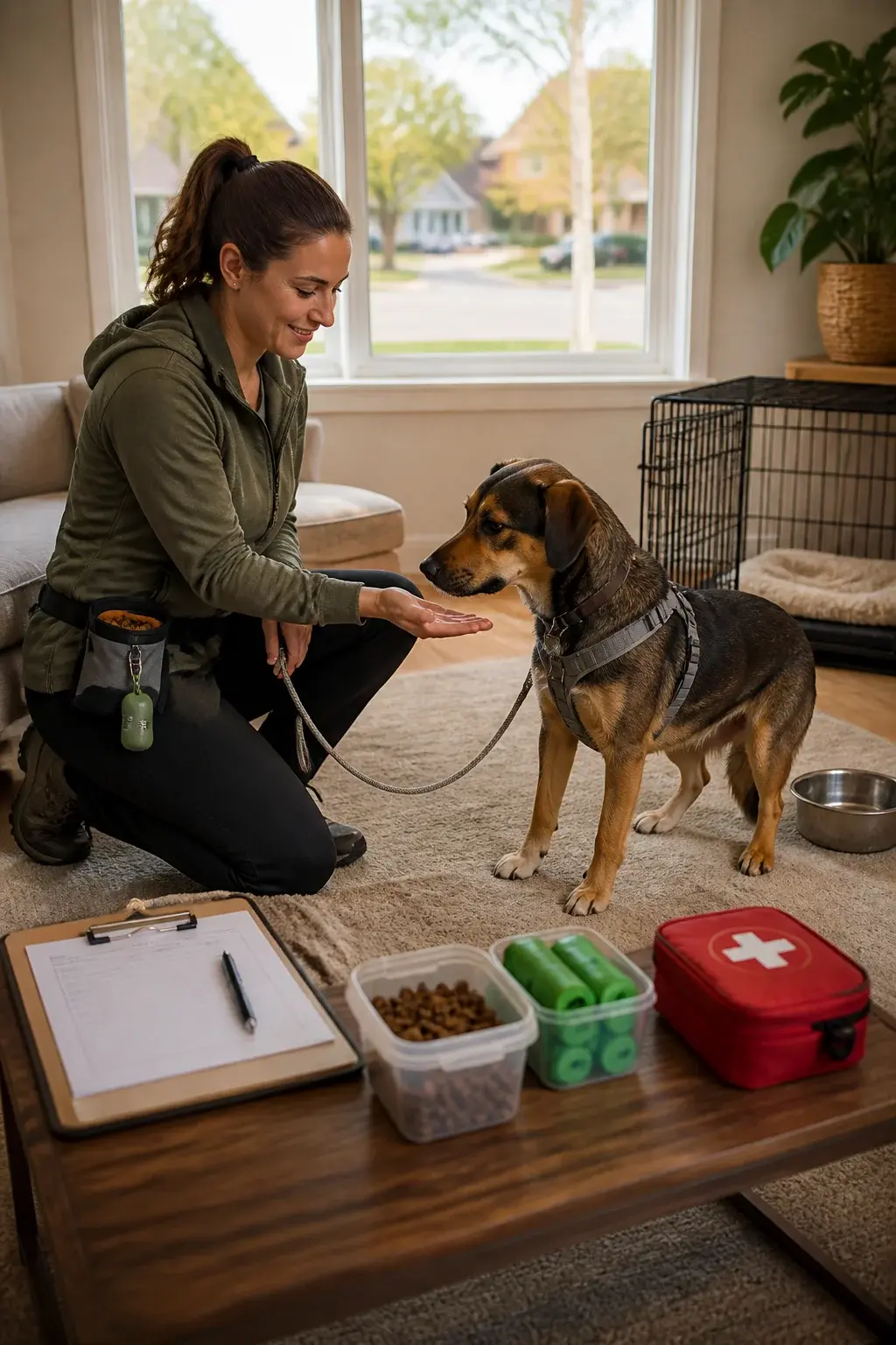 A realistic photo of a friendly, professional dog sitter meeting a new client’s medium-sized mixed-breed dog in a cozy, well-lit living room: the sitter kneels at the dog’s level offering a flat palm for a calm greeting, wearing casual outdoor-ready clothes, a treat pouch, and a lightweight leash clipped to the dog’s harness. In the background, visible prep items include a neatly arranged checklist on a coffee table (no readable text), labeled containers of dog treats and poop bags, a crate with a soft blanket partially open, a water bowl, and a dog first-aid kit. A window shows a suburban street with trees and soft afternoon light. The dog looks alert but comfortable; the sitter’s posture is confident and gentle, conveying safety, training, and professionalism. No text on the image, natural color palette, high-detail, documentary-style realism.