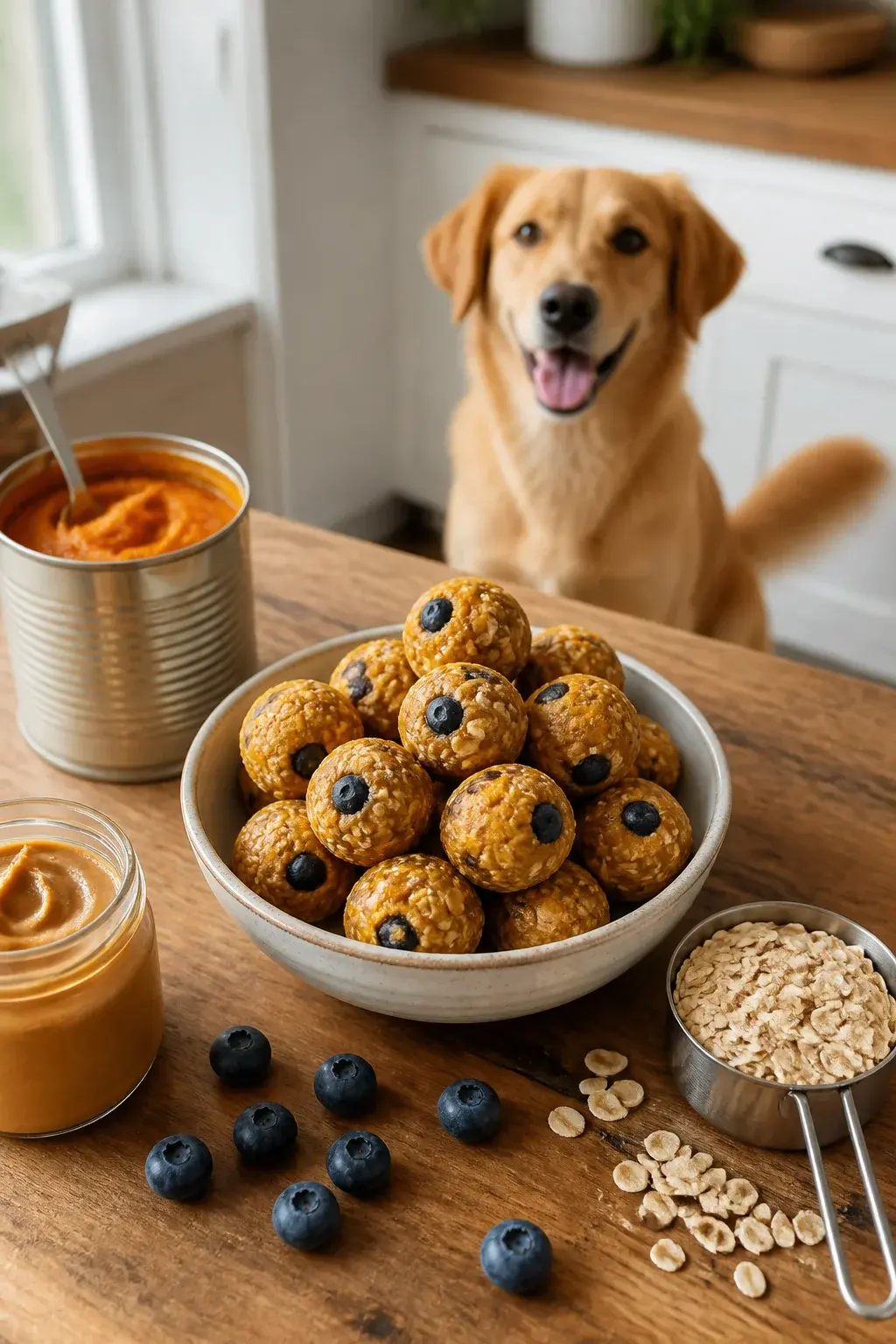 A bright, natural-light kitchen scene featuring a rustic wooden countertop with a small ceramic bowl filled with round, no-bake pumpkin blueberry dog treat balls. The treats are soft-looking, slightly textured, and studded with visible fresh blueberries and oat flecks. Surrounding ingredients are neatly arranged: an open can of pure pumpkin puree with a spoon, a small jar of unsweetened peanut butter, a measuring cup of rolled oats, and a few scattered fresh blueberries. In the background, a happy medium-sized dog (golden retriever mix) sits attentively with alert ears and a gently wagging tail, slightly out of focus. Clean, cozy aesthetic, shallow depth of field, natural daylight from a nearby window, realistic photo. No text.