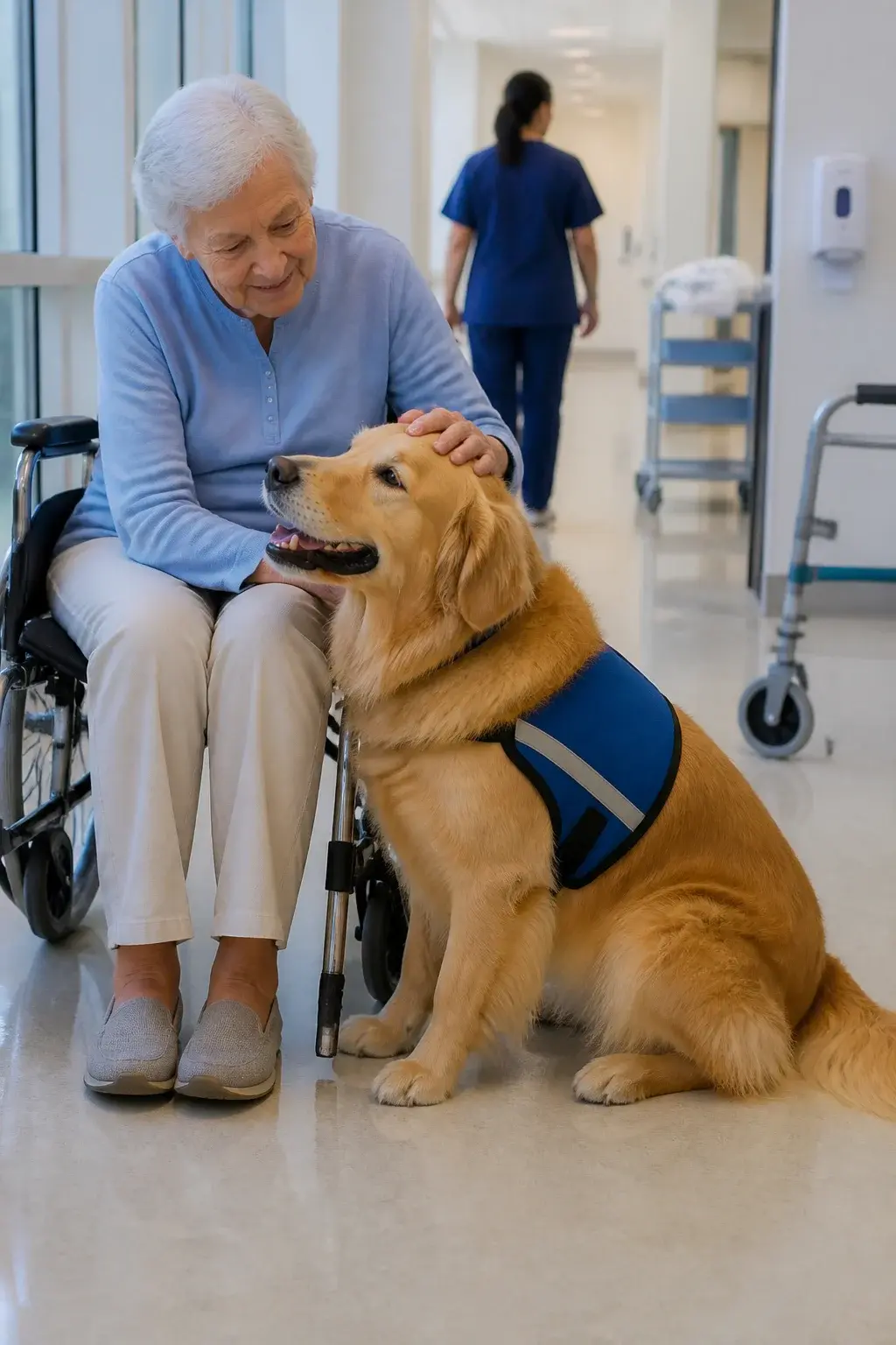 Realistic photo of a calm, friendly Golden Retriever wearing a simple therapy dog vest, sitting politely beside a senior woman in a wheelchair in a bright, clean hospital corridor; the dog’s body language is relaxed with soft eyes, loose mouth, and gently wagging tail as it leans into the woman’s hand for a gentle pet. Include subtle background details that suggest a clinical environment (hand sanitizer dispenser on wall, muted signage, polished floors, soft natural window light). A nurse walks past in the background slightly out of focus, and a rolling cart and a walker are visible to hint at unpredictable stimuli. Color palette natural and warm, shallow depth of field that keeps focus on the dog’s calm, confident demeanor and the human-animal connection. No text.