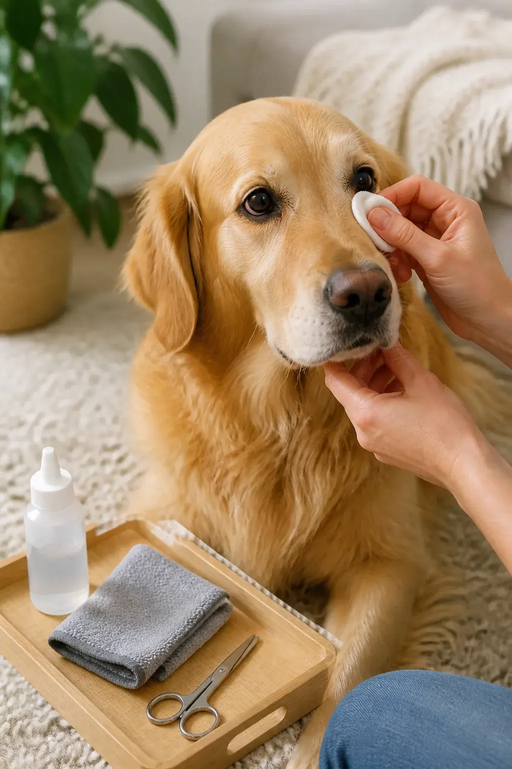 Close-up, realistic photo of a calm golden retriever sitting on a soft, neutral-colored rug in natural daylight, owner’s hands gently cleaning the corner of the dog’s eye with a sterile cotton pad moistened with pet-safe saline; nearby on a small tray are clearly visible tools: a bottle labeled visually as saline (no text), a clean microfiber cloth, and blunt-tip grooming scissors resting safely closed; background softly blurred living room with houseplants and soft throw, dog’s eyes bright and attentive, slight tear staining visible being wiped away, warm, clean, cozy home aesthetic, high-resolution, shallow depth of field, true-to-life colors.