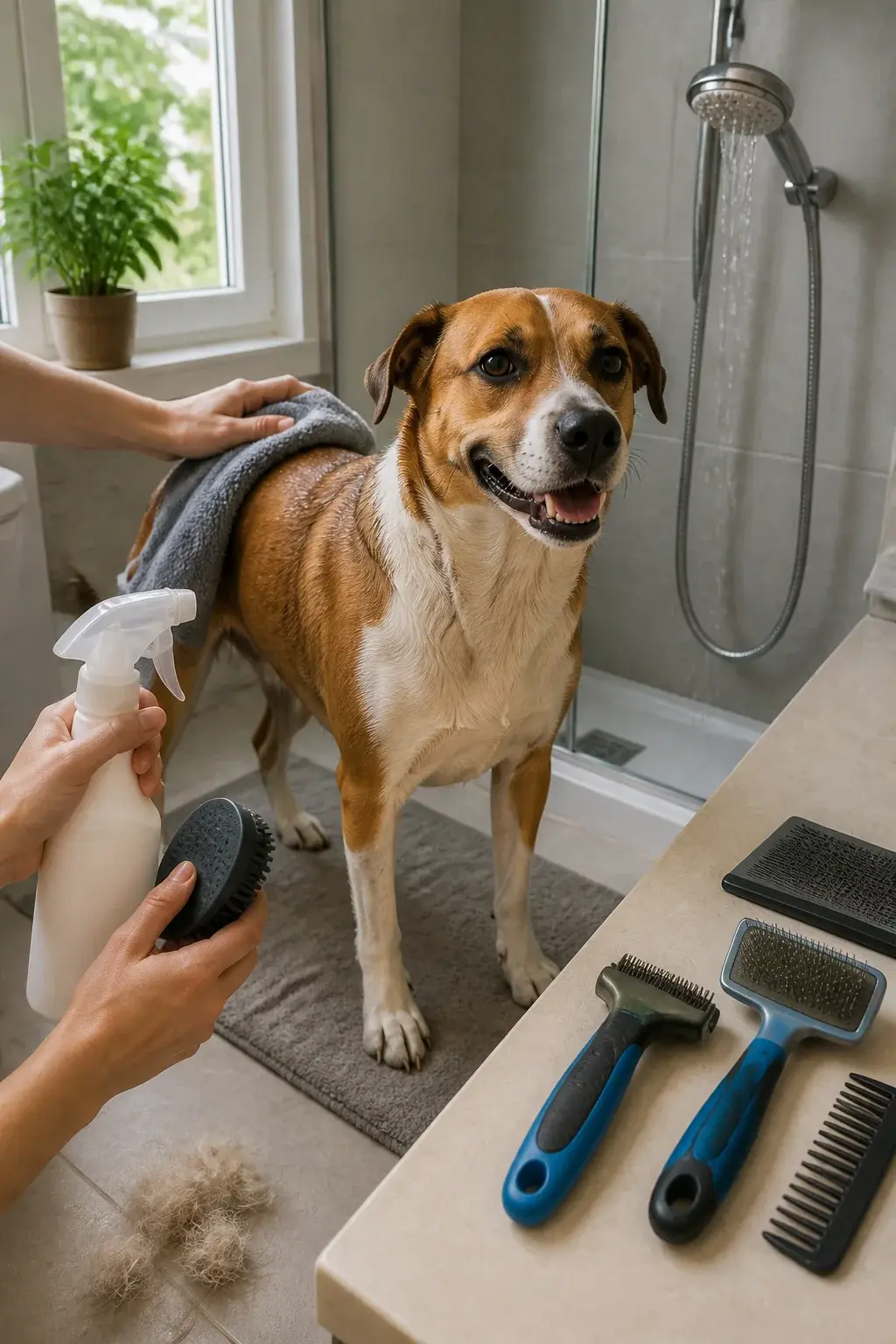 Realistic photo of a cozy home bathroom scene focused on fast, fuss-free dog cleaning: a medium-sized mixed-breed dog with short, single coat (think Beagle/Boxer mix) standing calmly on a nonslip bath mat beside a walk-in shower, being wiped down with a plush microfiber towel; nearby a person’s hands hold a spray bottle of dog-safe waterless shampoo and a rubber curry brush; on the counter are neatly arranged grooming tools (undercoat de-shedding rake, slicker brush, and wide-tooth comb) labeled by type only through visual differences, no text; a detachable showerhead drips gently to suggest a quick rinse option; natural daylight from a window, warm neutral tones, a few dog fur tumbleweeds in the corner for realism; the dog looks relaxed and slightly damp with clean, shiny fur; no text, hyper-realistic, high-resolution.