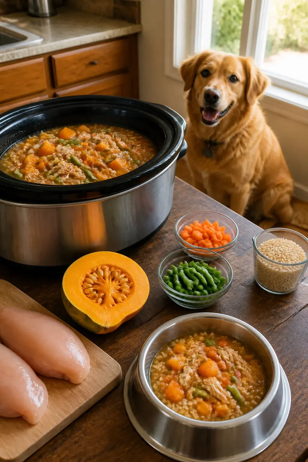 A realistic, warmly lit kitchen scene featuring a slow cooker on a wooden countertop with its lid off, revealing a hearty mixture of shredded chicken, cubed pumpkin, diced carrots, green beans, and brown rice simmering in a light broth. Beside the slow cooker are small bowls of raw ingredients (raw chicken breasts on a cutting board, a halved sugar pumpkin with seeds, chopped carrots, green beans, and a measuring cup of brown rice). A stainless-steel dog bowl in the foreground contains a served portion of the cooked mixture, slightly steaming. In the background, a happy medium-sized dog (golden retriever mix) sits attentively, looking toward the bowl. Natural daylight from a nearby window, shallow depth of field highlighting the food’s texture, no text, ultra-realistic photography.