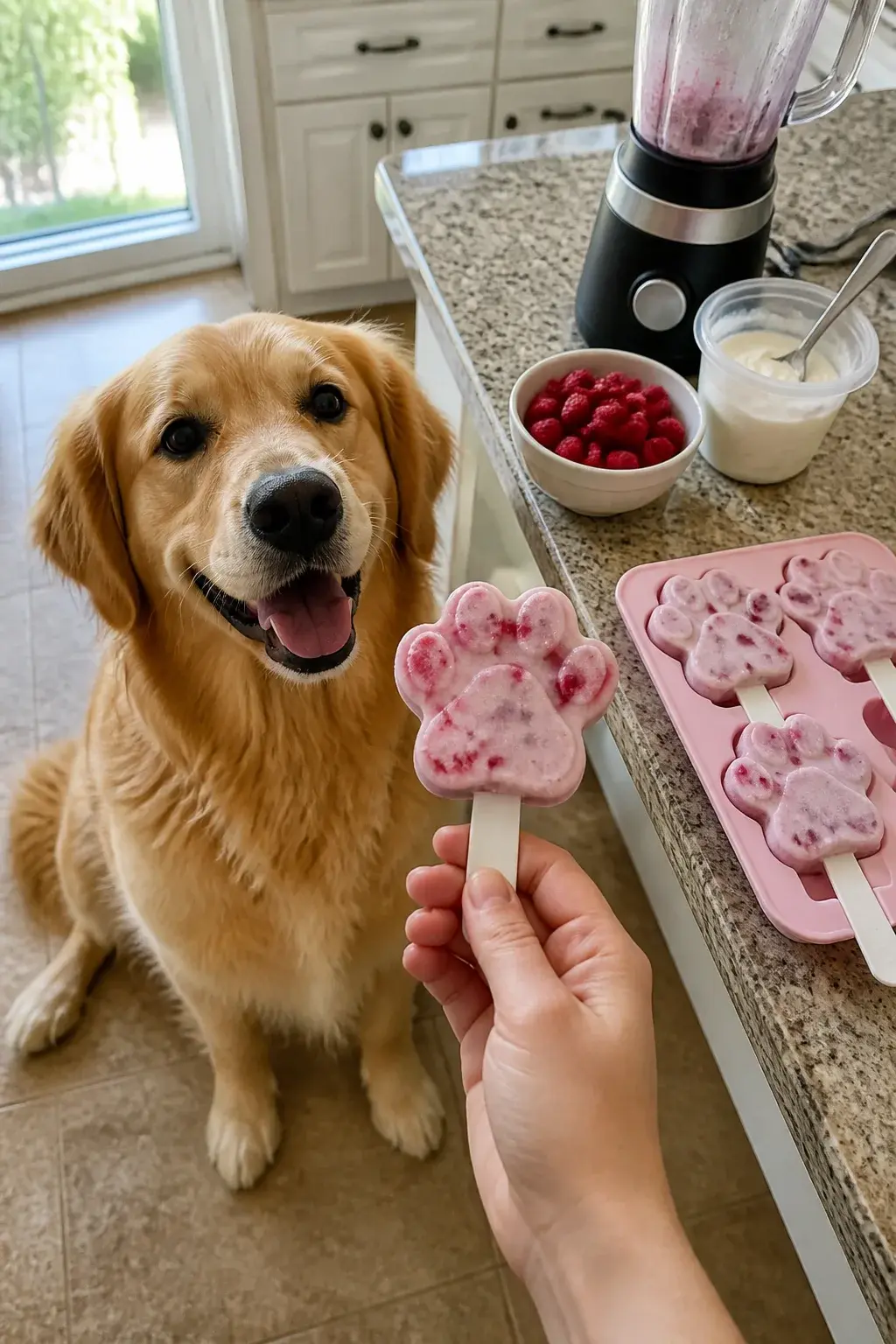 A bright summer kitchen scene with natural daylight: a medium-sized, happy golden retriever sits on a cool tiled floor, tongue out and eyes focused eagerly on a hand holding a homemade raspberry dog popsicle. The popsicle is a creamy pale pink, clearly made from raspberries and plain yogurt, in a simple silicone paw-shaped mold stick. On the counter nearby: a small bowl of fresh raspberries, an open container of plain unsweetened yogurt with a spoon, a blender with a faint pink residue, and a silicone mold tray filled with a few finished popsicles. Subtle condensation on the popsicles, a few raspberry seeds visible, no text, realistic photo style.