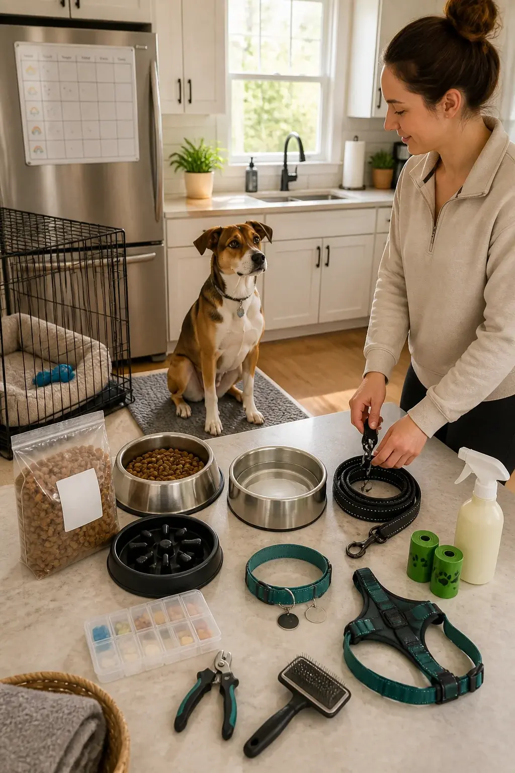 A bright, cozy kitchen scene with morning light streaming through a window, showing a new dog owner prepping essentials for a medium-sized mixed-breed dog (short brown and white coat) sitting attentively on a non-slip mat. On the counter: a sealed bag of kibble with a visible AAFCO-style “complete and balanced” label (no readable brand), a stainless-steel food bowl filled with measured kibble, a separate water bowl with fresh water, a slow-feeder insert nearby, a pill organizer with monthly flea/tick and heartworm doses, a well-fitted flat collar with ID tag and a microchip tag, a sturdy 6-foot leash, a fitted front-clip harness, pet-safe nail clippers, a slicker brush, biodegradable poop bags, an enzymatic cleaner bottle, and a crate with a comfortable bed and chew-safe toy inside. Include a fridge whiteboard in the background with a weekly feeding and potty schedule (no legible text). The overall vibe is realistic, clean, and practical, highlighting vet-approved essentials and safety-focused gear. No text on the image.