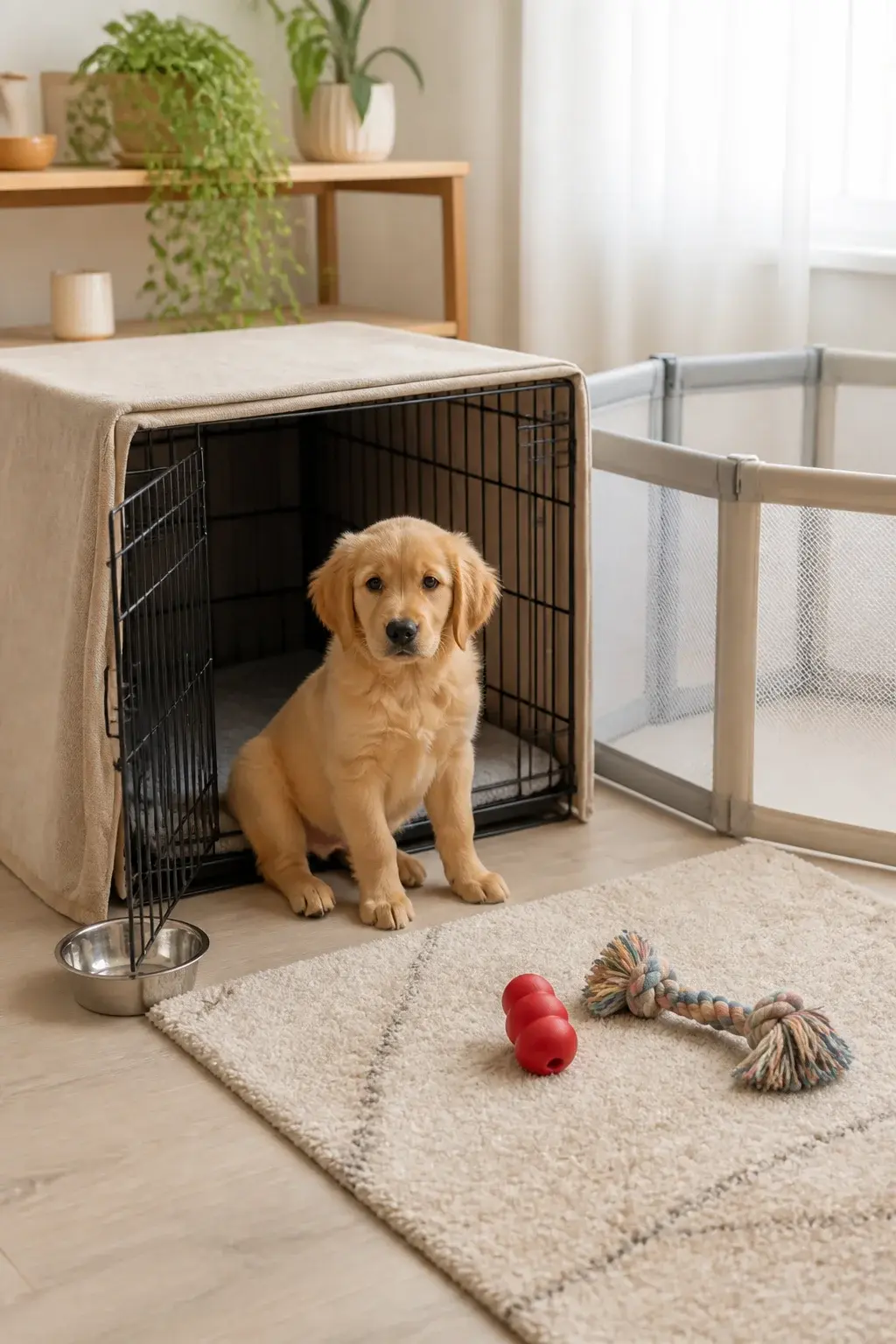 A bright, cozy corner of a modern living room set up as a puppy home base: a medium-sized wire crate with three sides draped in a soft neutral-colored cover, a washable gray crate pad inside, a small stainless steel water bowl just outside the crate door, two puppy-safe chew toys (a rubber Kong and a rope toy) on a nearby soft rug, and a lightweight playpen adjacent to the crate. Sunlight filters through sheer curtains, indoor plants on a shelf, minimal clutter. A small 8–10 week old golden retriever puppy sits at the crate entrance looking curious and relaxed, ears perked. Natural, realistic photo style with soft morning light and shallow depth of field. No text.