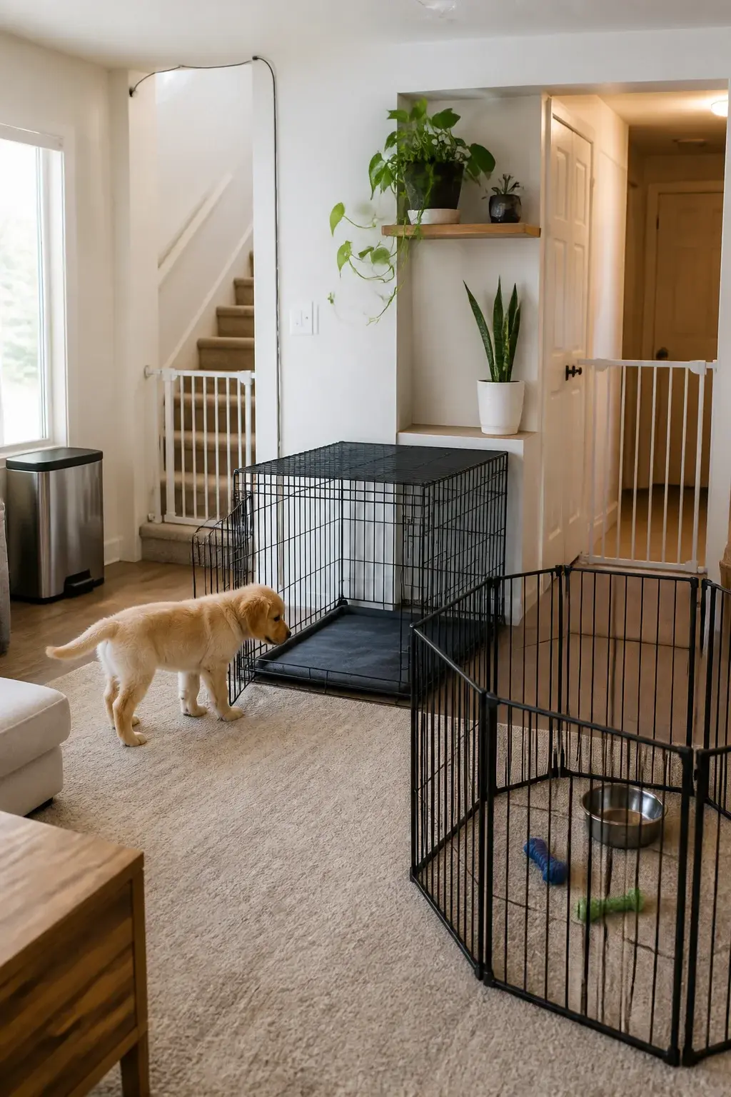 Realistic photo of a bright, modern living room set up as a puppy home base: a medium wire crate with the door open and a simple washable mat inside (no plush bed), a freestanding black metal playpen nearby with a couple of rubber chew toys and a food-safe water bowl, white baby gates blocking a staircase and a hallway, visible puppy-proofing details like cables neatly clipped to the wall, a lidded trash can, houseplants placed high on shelves, and cleaning supplies/meds stored in a closed cabinet; natural morning light through a window, soft neutral decor, a 10-week-old golden retriever puppy curiously sniffing at the crate entrance; shallow depth of field, high-resolution, realistic color and texture, no text.