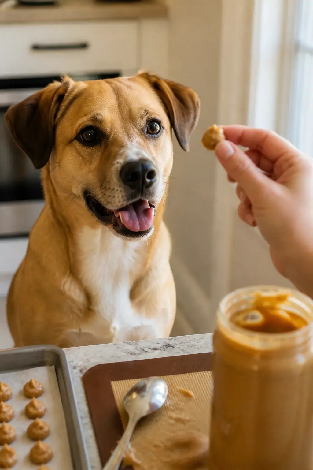 Realistic photo of a mid-action dog training moment in a bright kitchen: a medium-sized, happy mixed-breed dog (short tan coat with white chest, floppy ears) sits attentively, eyes focused on a small pea-sized peanut butter training treat held between the trainer’s fingers. Shallow depth of field emphasizes the dog’s expectant expression and the glossy texture of the peanut butter bite. In the softly blurred background: a clean countertop with a small tray of uniform, bite-sized peanut butter treats, a jar labeled “peanut butter” turned away so text isn’t readable, and a silicone baking mat with a teaspoon and smears of peanut butter. Natural window light from the side creates gentle highlights on the dog’s fur and the treat, no text, realistic color tones, high-resolution, lifestyle photography style.