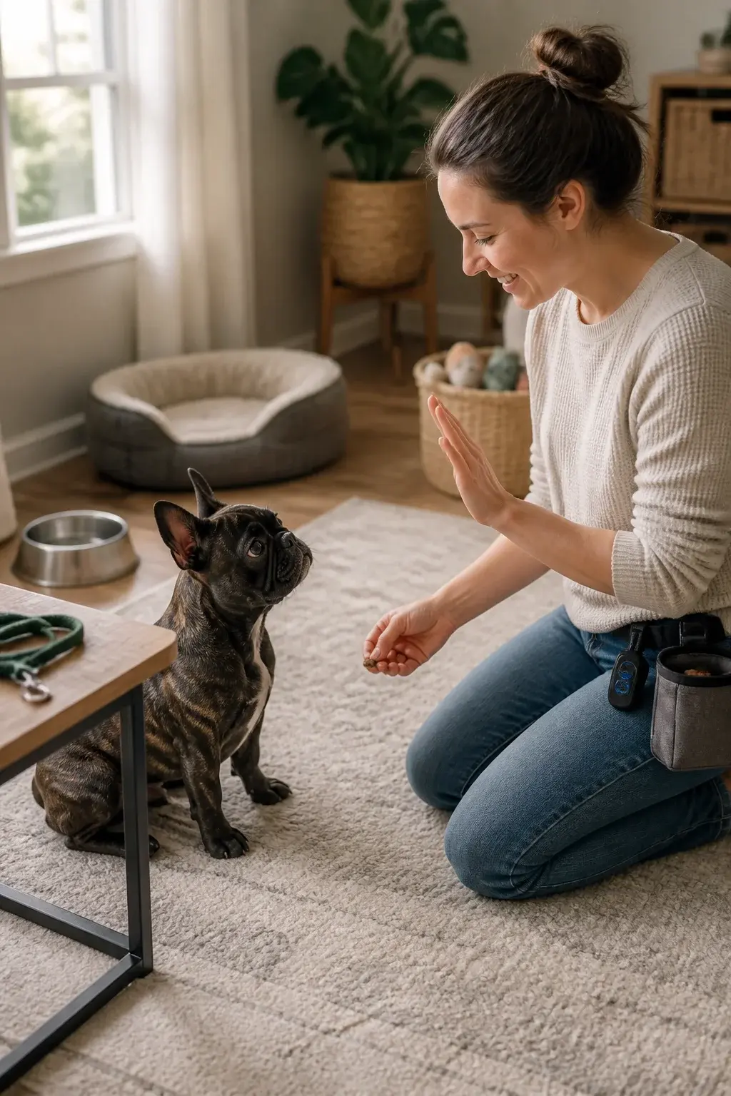 A realistic photo of a cheerful French Bulldog puppy indoors during a short training session: the Frenchie is sitting attentively on a soft rug in a bright, cozy living room, ears perked, making eye contact with a smiling owner kneeling nearby. The owner holds a small, healthy training treat at knee level, other hand giving a clear “sit” hand signal. Natural morning light filters through a window, a simple leash folded on a side table, and a small clicker and treat pouch visible on the owner’s waistband. Subtle signs of structure without harshness: a low dog bed, a water bowl, and a toy basket neatly arranged. Emphasize the Frenchie’s expressive face, compact body, and glossy brindle coat; shallow depth of field, natural color grading, no text.