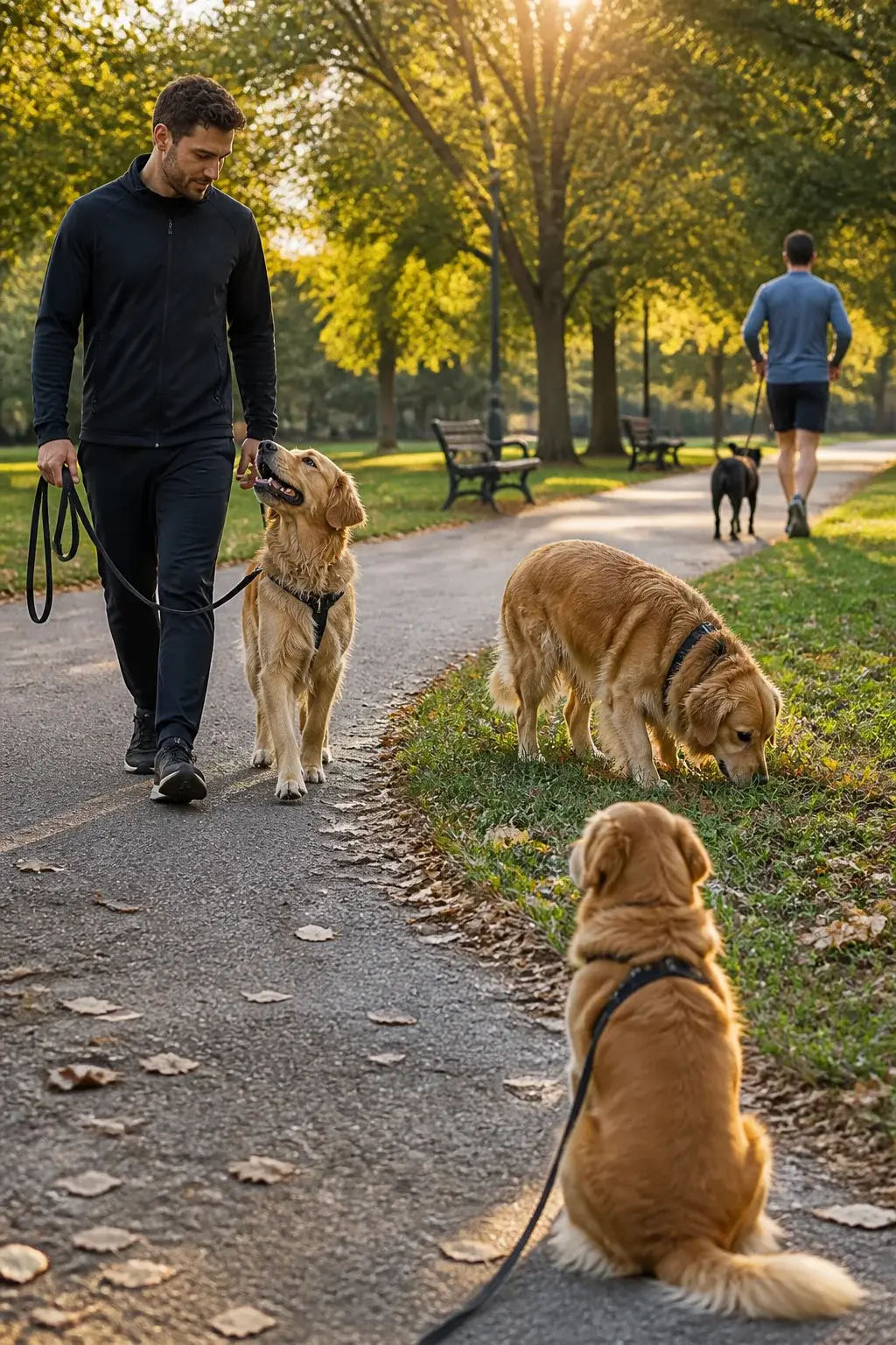 A realistic photo of a golden retriever and its owner during a structured walk routine in a leafy suburban park at golden hour: the owner, mid-30s, wearing athletic clothes and holding a 6-foot leash attached to a well-fitted front-clip harness on the golden retriever. First scene element shows the pair in a focused heel along a paved path; a second element in the same frame shows the dog happily sniffing along a grassy verge with nose to the ground, and a final element shows the dog in a calm sit-stay near a mild distraction like a jogger passing by with another leashed dog at a respectful distance. The golden retriever’s coat is glossy and slightly windswept, with visible loose tufts catching light. Environment includes fallen leaves, park benches, and soft, warm sunlight filtering through trees. Natural colors, shallow depth of field, crisp details, no text, hyper-realistic photography style.