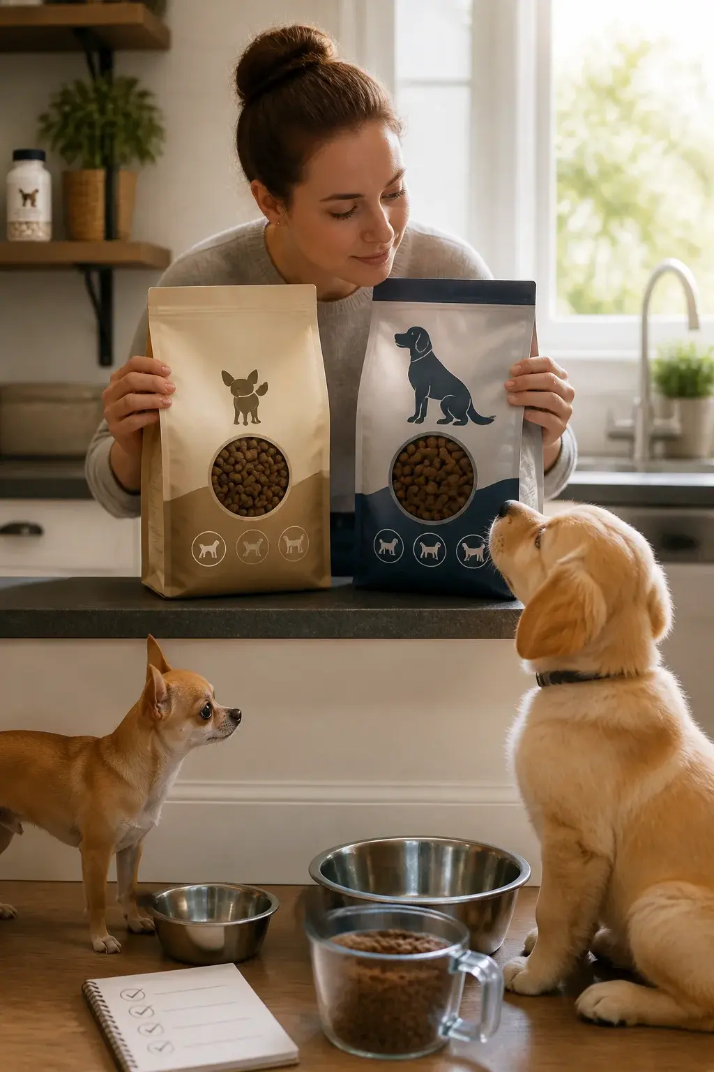 A realistic, well-lit kitchen scene with a first-time dog owner comparing two dry dog food bags on a counter, each clearly showing kibble size differences but no readable text; one bag labeled visually for “puppy” with smaller kibble and a silhouette of a small breed, the other for “large-breed puppy” with larger kibble and a silhouette of a large breed. In the foreground, a healthy golden retriever puppy (large-breed) sits attentively beside a stainless steel bowl, while a tiny adult Chihuahua (toy breed) stands near a smaller bowl. Nearby, a notepad with a simple checklist icon (no text) and a measuring cup filled with kibble emphasize portion control. Subtle details include icons on the bags suggesting AAFCO life-stage categories (growth, adult maintenance) without words, and a small bottle of joint-support supplement capsules on a shelf to hint at senior needs. Natural morning light from a window, warm tones, shallow depth of field, ultra-realistic photo.