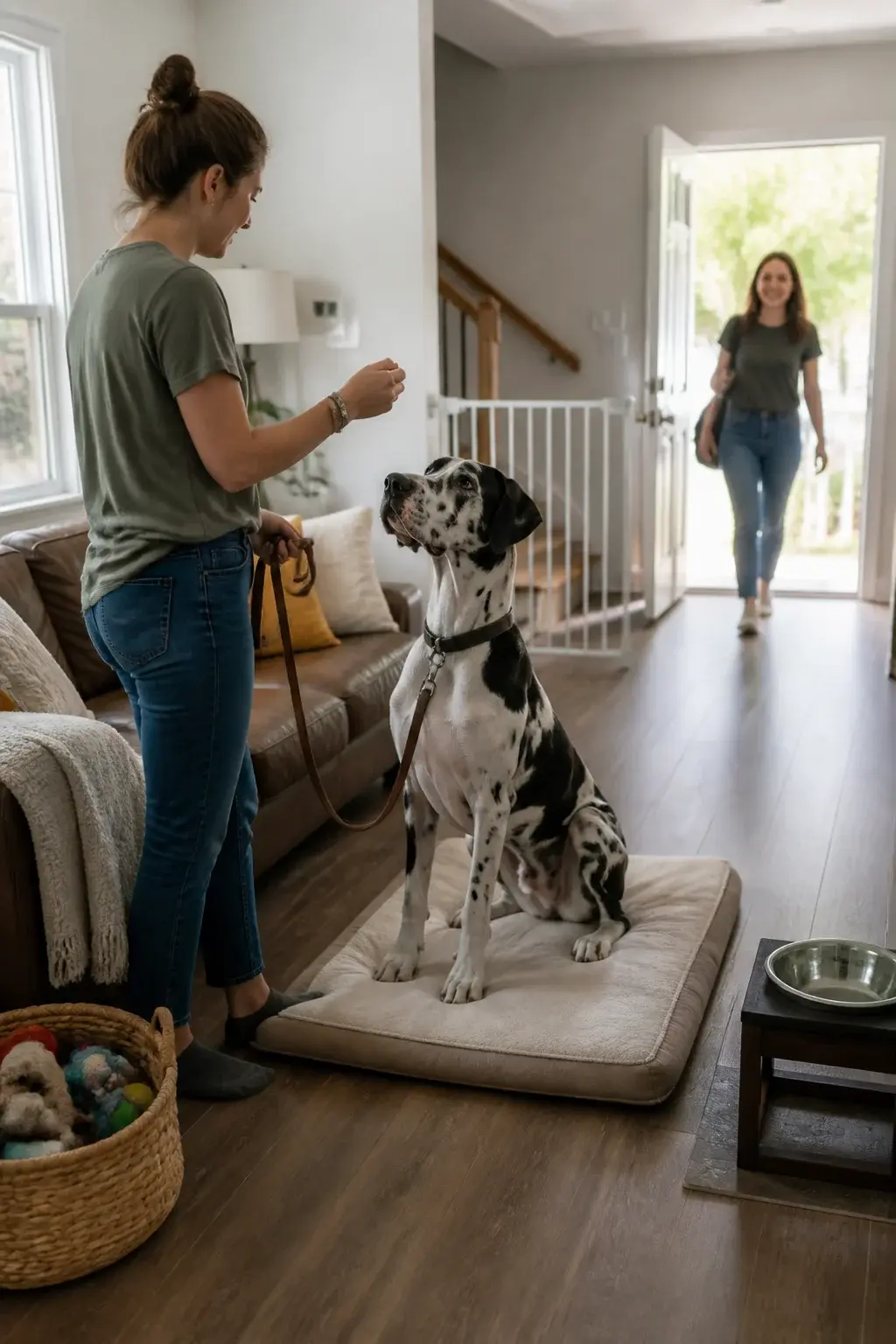 Realistic photo of a young Great Dane in a modern living room being calmly trained by an owner: the large, harlequin-pattern Great Dane sits on a designated dog bed (“place”) near the couch while a visitor enters at the door; the dog looks attentive and relaxed, wearing a flat collar and leash loosely held by the owner who is rewarding calm behavior with a treat. The scene shows clear house rules: baby gate blocking the stairs, no-dogs-on-couch signaled by a neatly placed throw blanket and dog toys in a basket, food bowl on a raised stand in the corner. Natural morning light through a window, cozy yet uncluttered interior, realistic textures of fur and fabric, shallow depth of field highlighting the dog’s composed posture and the owner’s calm, consistent handling.