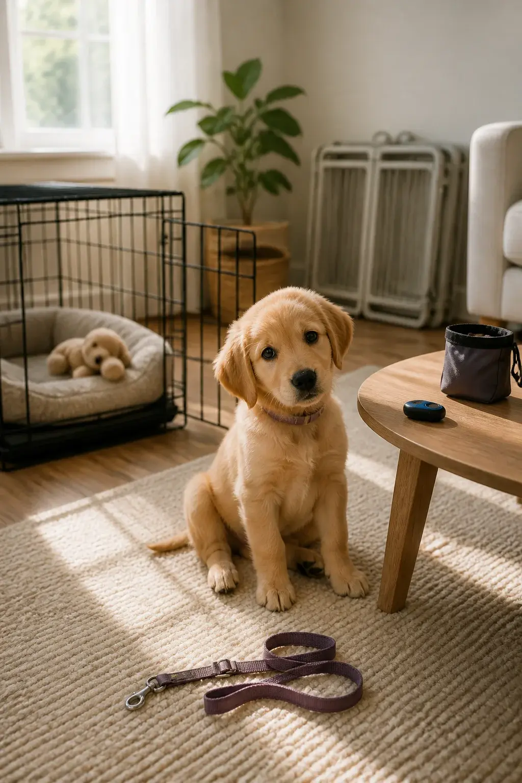 A realistic photo of a cozy, sunlit living room set up for puppy training: a medium-sized wire crate with a soft bed and a plush toy inside, the crate door open; a small, curious 10-week-old golden retriever puppy sitting on a non-slip rug near a low coffee table; a clicker and a small treat pouch on the table; a short leash clipped to a flat collar, loosely resting on the floor; a puppy-safe playpen folded against the wall; minimal clutter; natural daylight streaming through a window with sheer curtains; warm, inviting tones; shallow depth of field focusing on the puppy, with subtle background blur. No text on image.