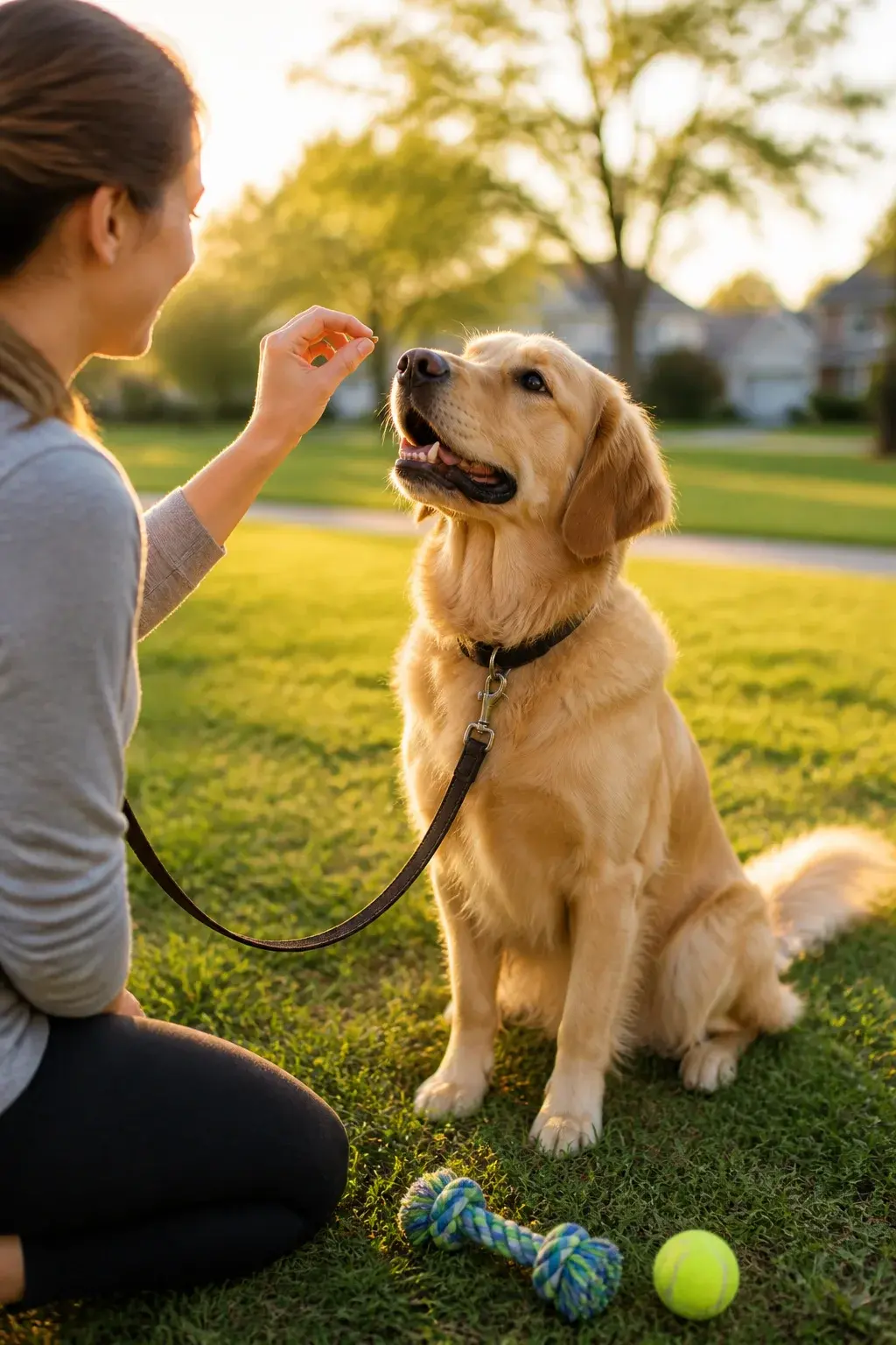 A realistic photo of a cheerful Golden Retriever in a sunny suburban park, wearing a standard flat collar and 6-foot leash, focused on its owner who is kneeling and holding a small soft training treat at the dog’s nose level; the dog is sitting calmly with bright, attentive eyes and relaxed ears, tail softly wagging. In the background, subtle blur of green grass, trees, and a few distant houses. Nearby on the ground: a tug toy and a tennis ball to suggest varied rewards. Natural golden-hour lighting, shallow depth of field, crisp detail on the dog’s fur and whiskers, candid lifestyle feel, no text.