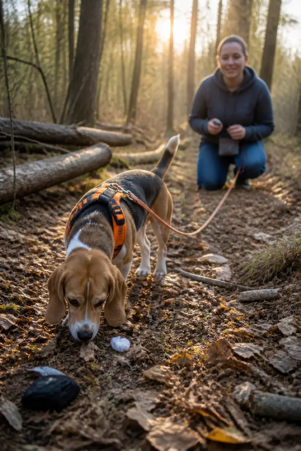 A realistic photo of a cheerful adult beagle on a forest trail during golden-hour light, wearing a bright orange harness and a long-line leash, nose to the ground tracking a scent trail made of hidden treat pouches and scented cotton balls placed along the path; a patient owner in casual outdoor clothes kneels a few feet behind, holding a clicker and a small treat pouch, smiling and ready to reward; scattered leaves, fallen branches, and tree trunks provide natural obstacles; no text, natural colors, shallow depth of field focusing on the beagle’s intent expression and floppy ears mid-swing.