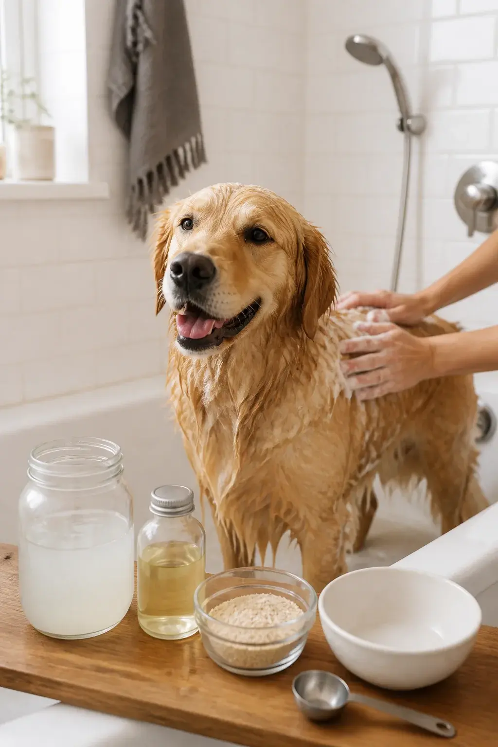A bright, realistic home bathroom scene where a medium-sized golden retriever stands calmly in a white bathtub, being gently bathed by a person’s hands (only hands/forearms visible) using a simple homemade dog shampoo mixture; nearby on the tub ledge are clear glass jars and a small bowl containing recognizable dog-safe ingredients like diluted liquid Castile soap, oatmeal powder in a small dish, a bottle of fractionated coconut oil, and a measuring spoon; a neutral, modern bathroom with soft natural light, white subway tiles, a gray towel, and a handheld showerhead; water droplets on the dog’s fur, gentle foam on the coat (not excessive), and a relaxed, happy dog expression; high-resolution, natural color grading, documentary-style photography, no text.
