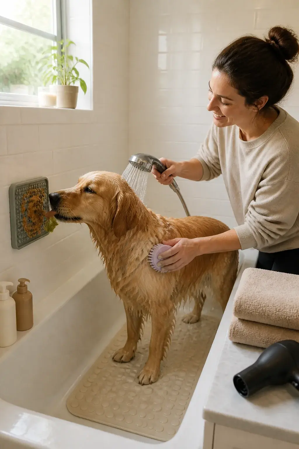 Realistic photo of a medium-sized golden retriever standing calmly in a modern home bathroom tub, being gently bathed by a smiling owner using a handheld showerhead; visible non-slip mat in the tub, a lick mat with peanut butter on the shower wall to keep the dog focused, a soft silicone curry brush in the owner’s hand, and bottles of dog-specific shampoo and conditioner on the ledge; warm natural light from a nearby window, clean white tiles with a few water droplets, neatly folded towels and a blow dryer on the counter, overall cozy, bright, and tidy scene capturing a stress-free dog bath moment.