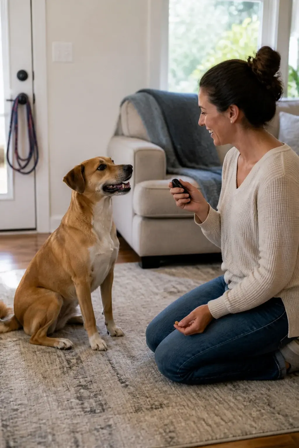 A realistic photo of a medium-sized mixed-breed dog (tan with white chest, floppy ears) sitting attentively on a living room rug, making eye contact with a smiling adult woman kneeling in front of him. The woman is mid-click with a small clicker in her right hand and holding a pea-sized treat near her left knee, ready to reward. Scene shows a cozy, modern living room: soft natural daylight from a window, a couch with a throw blanket, a coffee table, a TV remote on the table, and a leash neatly coiled by the door to hint at calm leash manners. The dog’s posture is calm and eager, tail relaxed, mouth slightly open. The composition captures the exact “mark and reward” moment with clear focus on the dog’s sit, the clicker, and the treat. Realistic color, shallow depth of field, natural indoor lighting. No text.